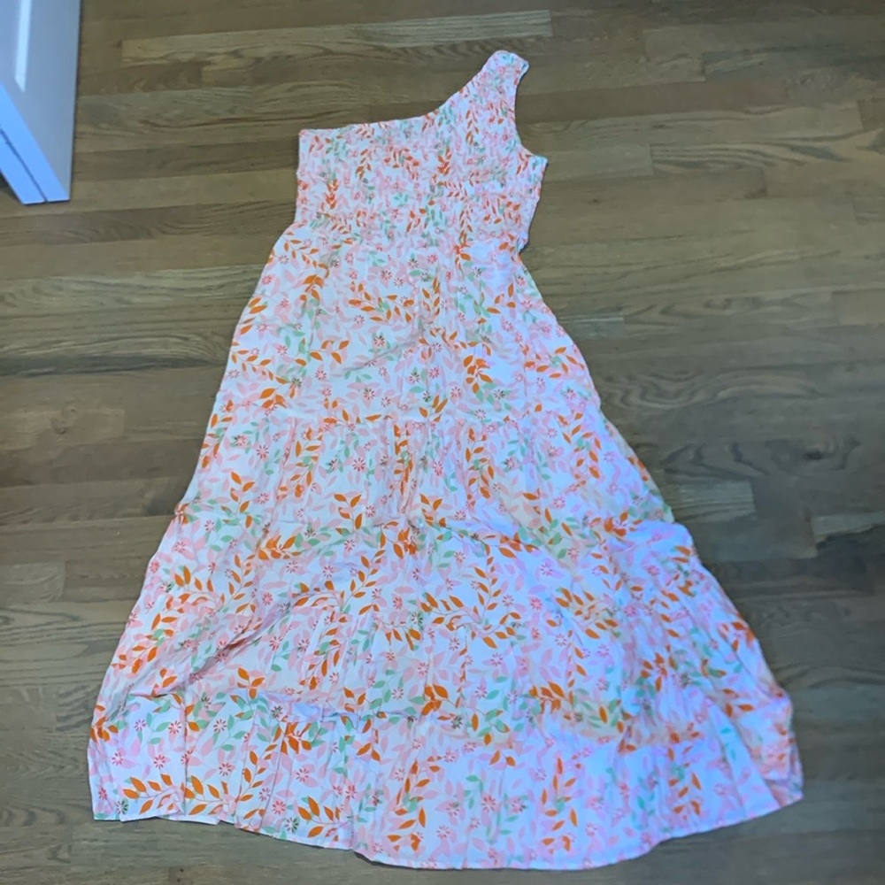 Bohemian One Shoulder Sleeveless Smocked Ruffle Tiered Maxi Dress Floral Pink